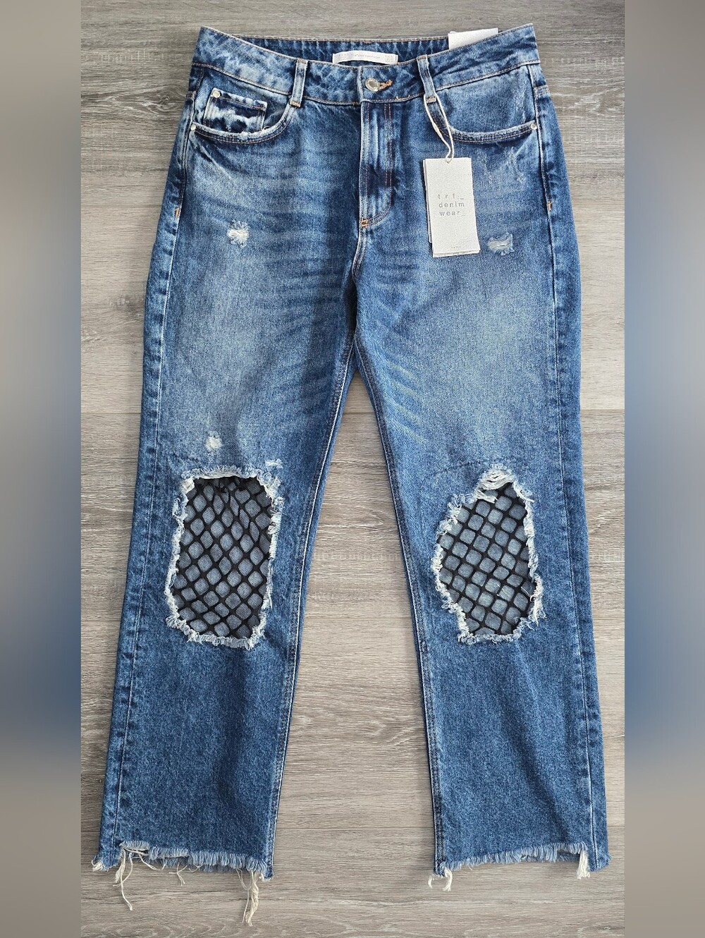 Zara TRF Distressed Jeans with Fishnet Knee Panels NWT SIZE 38 US 6